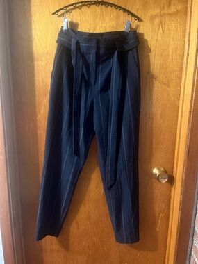 Woman’s Express Navy Pinstripe Paperbag Trousers with Tie 4R